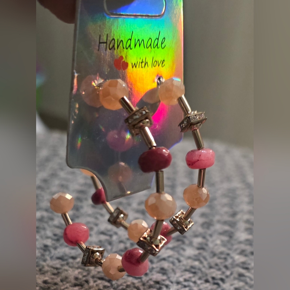 🥳 4/$20 #1. Elegant Beaded Half Hoop Earings with Pink, Gold And White Accents